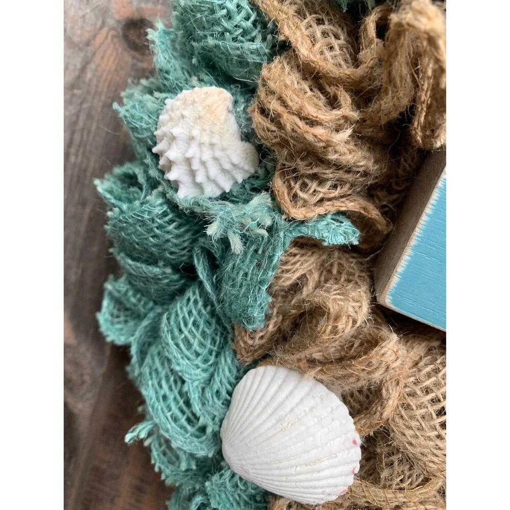 Beachy Coastal WELCOME Wreath Ruffle Aqua/Natural Bulap & Seashells Handmade New
